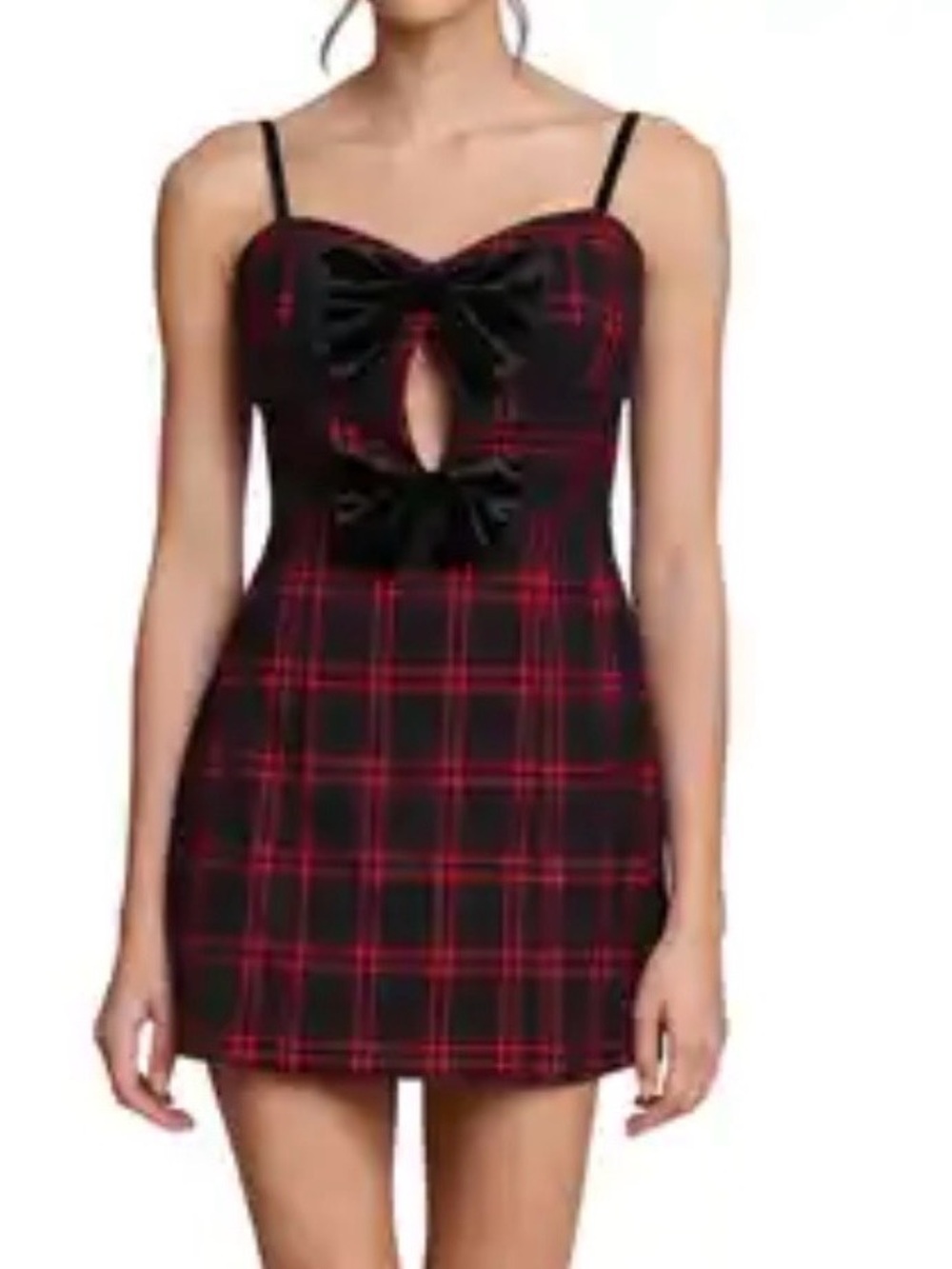 Avec Les Filles Black and Red Plaid Mini Dress‎ with Bow Cutouts